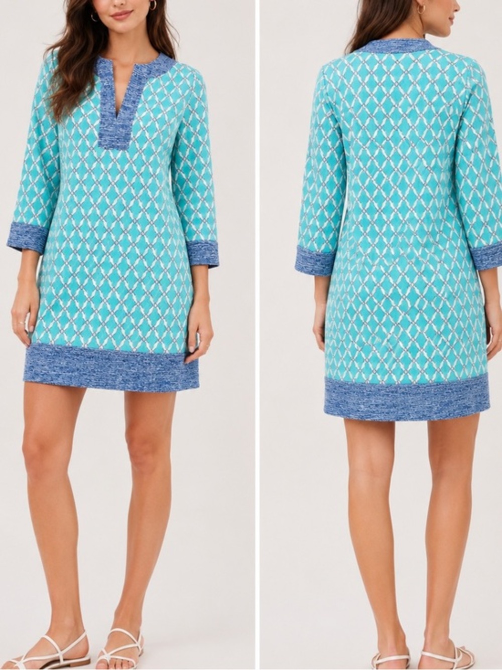 Cabana Life Blue Geometric Print 3/4 Sleeve Vacation Resortwear Tunic Mini Dress